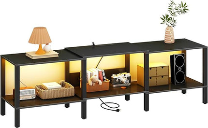 Black LED TV Stand with Power Outlet for Living Room+75 Inch Wood TV Media Console for 45/55/65/75 inch TVs，Industrial TV Stand，TV Stand Media Entertainment Center，Black LTV06BKE - LeafyLoom