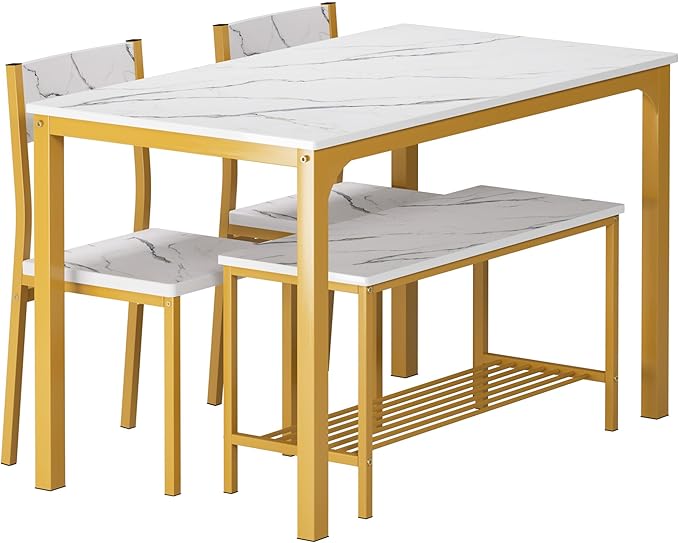 DlandHome Dining Table with 2 Chairs and 1 Bench Dining Room Sets Dining Table and Chairs Set,Rectangular Space-Saving Dinner Table with Two Benches for Kitchen,Golden - LeafyLoom