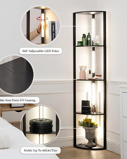FENLO Fancy - LED Display Shelf with Dimmable Lights, LED Shelf Floor Lamps for Living Room, Sturdy Corner Shelf Curio Cabinet Display, Tall Floor Lamps with Shelves - LeafyLoom