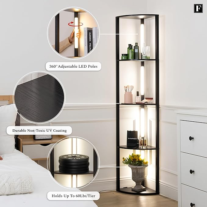 FENLO Fancy - LED Display Shelf with Dimmable Lights, LED Shelf Floor Lamps for Living Room, Sturdy Corner Shelf Curio Cabinet Display, Tall Floor Lamps with Shelves - LeafyLoom