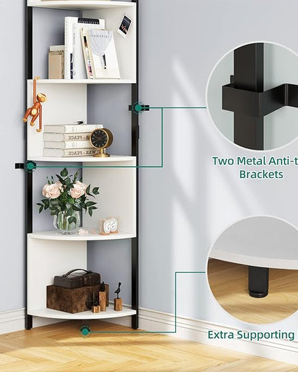 YITAHOME 6-Tier Corner Shelf, 68.8" Tall Modern Free Standing Zigzag Corner Bookshelf, 6 Shelf Display Corner Bookcase Open Small Book Shelves for Living Room, Home Office, Small Space, White - LeafyLoom