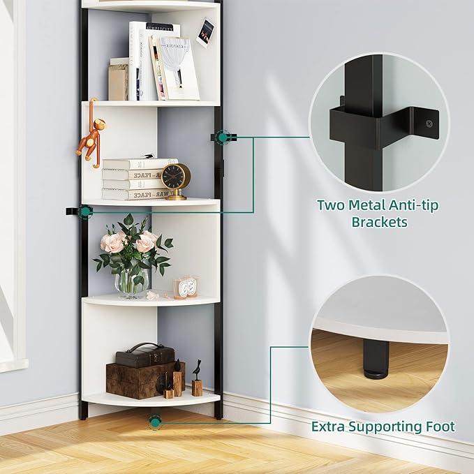 YITAHOME 6-Tier Corner Shelf, 68.8" Tall Modern Free Standing Zigzag Corner Bookshelf, 6 Shelf Display Corner Bookcase Open Small Book Shelves for Living Room, Home Office, Small Space, White - LeafyLoom
