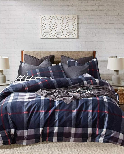 Navy Plaid Comforter Set Cal King Multicolor Checkered Bedding Set Navy Blue Tartan Grid Comforter Striped Women Navy Blue Blanket Cal King Breathable Navy Blue Checkered Bed Comforter Set - LeafyLoom