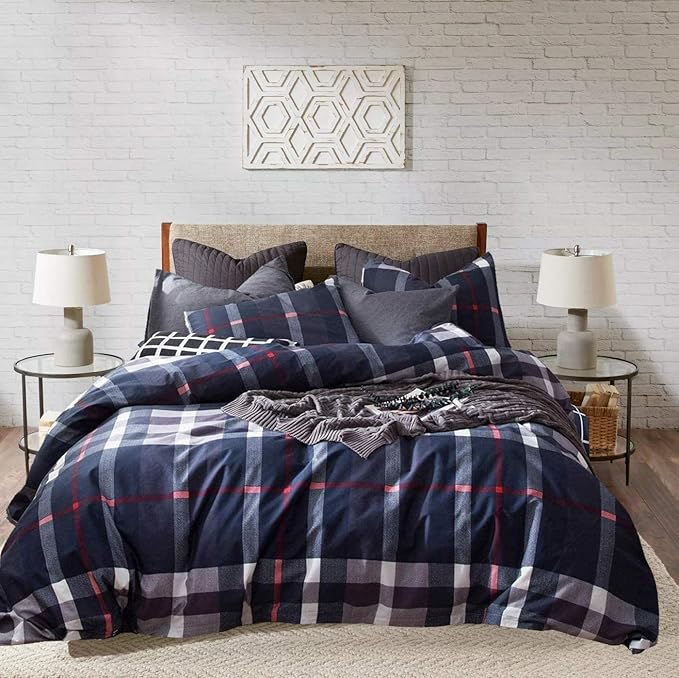 Navy Plaid Comforter Set Cal King Multicolor Checkered Bedding Set Navy Blue Tartan Grid Comforter Striped Women Navy Blue Blanket Cal King Breathable Navy Blue Checkered Bed Comforter Set - LeafyLoom