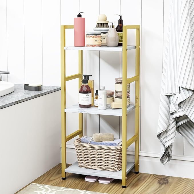 Bookshelf Storage Shelf Bookcase, 3 Tier Industrial Bookcase,Small Book case for Living Room, Bedroom, and Home Office, Easy Assembly Free Combination Multi-Functional Organizer(3 Tier,Gold) - LeafyLoom