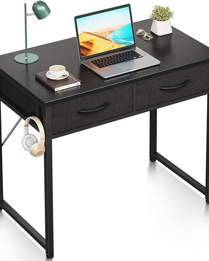 ODK Small Desk with Fabric Drawers- for Bedroom, White Study Desk with Storage, Home Office Computer Desk for Small Spaces, 32 Inch Modern Work Writing Kids Table, Black - LeafyLoom