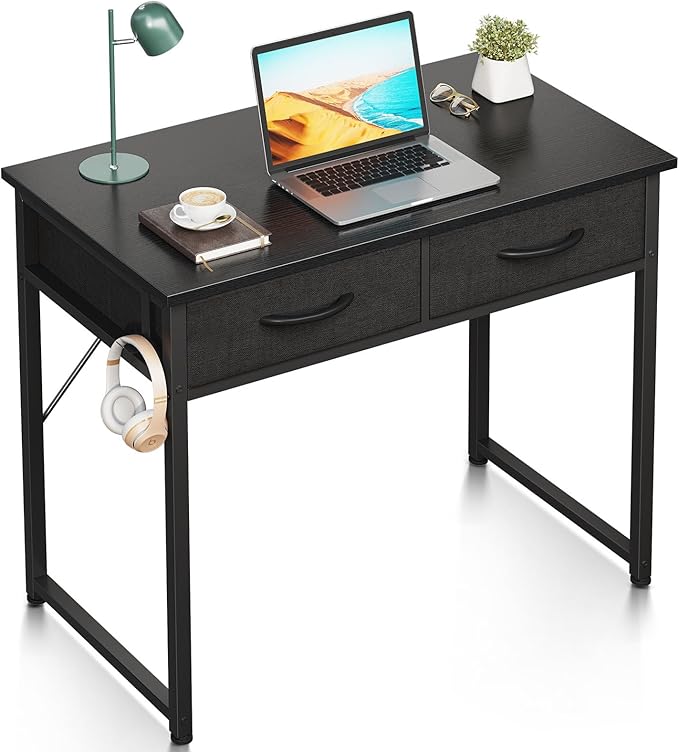 ODK Small Desk with Fabric Drawers- for Bedroom, White Study Desk with Storage, Home Office Computer Desk for Small Spaces, 32 Inch Modern Work Writing Kids Table, Black - LeafyLoom
