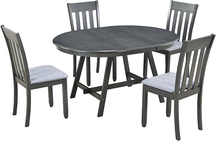 5 Pieces Farmhouse Rustic Dining Set with Solid Wooden Extendable Round Table and 4 Soft Cushion Chair, Home Furniture for Kitchen, Diningroom, Living Room, Drak Grey+Grey - LeafyLoom