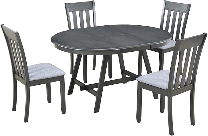 5 Pieces Farmhouse Rustic Dining Set with Solid Wooden Extendable Round Table and 4 Soft Cushion Chair, Home Furniture for Kitchen, Diningroom, Living Room, Drak Grey+Grey - LeafyLoom