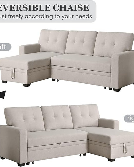 L Shape Sleeper Sofa Bed with Storage, Large Full Size Pull Out Sectional Couch, Futon Chaise Lounge Recliner for Living Room, Apartment, Bedroom, Office, Beige - LeafyLoom