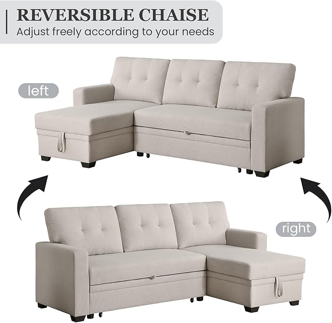 L Shape Sleeper Sofa Bed with Storage, Large Full Size Pull Out Sectional Couch, Futon Chaise Lounge Recliner for Living Room, Apartment, Bedroom, Office, Beige - LeafyLoom