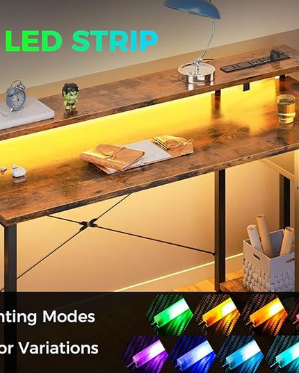 AODK Gaming Desk with LED Lights & Power Outlet, 48 Inch Computer Desk with Drawer, Reversible Desk with Adjustable Monitor Shelf & Headphone Hook for Home Office, Rustic Brown - LeafyLoom