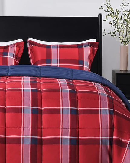 downluxe Twin Comforter Set (66"x92") 2-Piece,Plaid Red Reversible Comforter,1 Reversible Pillow Sham 20"x26",Microfiber Comforter,Soft and Comfortable - LeafyLoom