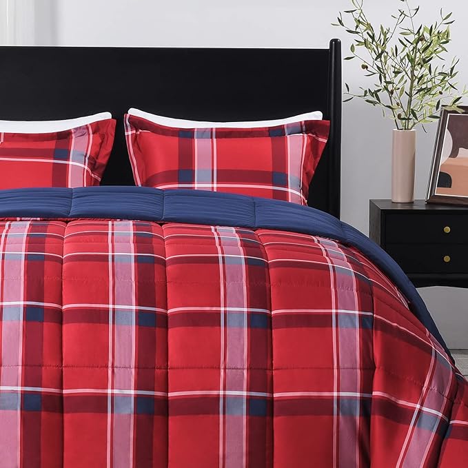 downluxe Twin Comforter Set (66"x92") 2-Piece,Plaid Red Reversible Comforter,1 Reversible Pillow Sham 20"x26",Microfiber Comforter,Soft and Comfortable - LeafyLoom