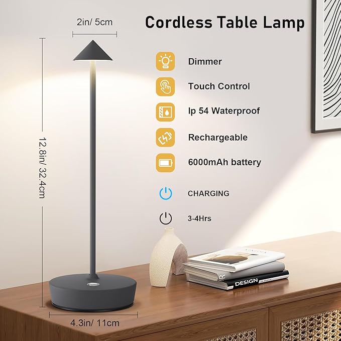 Set of 2 Rechargeable Cordless Table Lamp,6000mAh LED Battery Operated Desk Lamp Touch 3 Color Dimming Portable Outdoor Waterproof Table Light for Patio/Restaurant/Dining/Home (Grey) - LeafyLoom