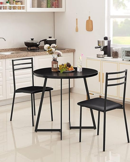 VECELO 3 Piece Kitchen Dining Room Set, Wood Round Table for Breakfast Nook Small Space, Dinette with 2 Cushioned Chairs, Matte Black - LeafyLoom
