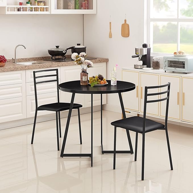 VECELO 3 Piece Kitchen Dining Room Set, Wood Round Table for Breakfast Nook Small Space, Dinette with 2 Cushioned Chairs, Matte Black - LeafyLoom