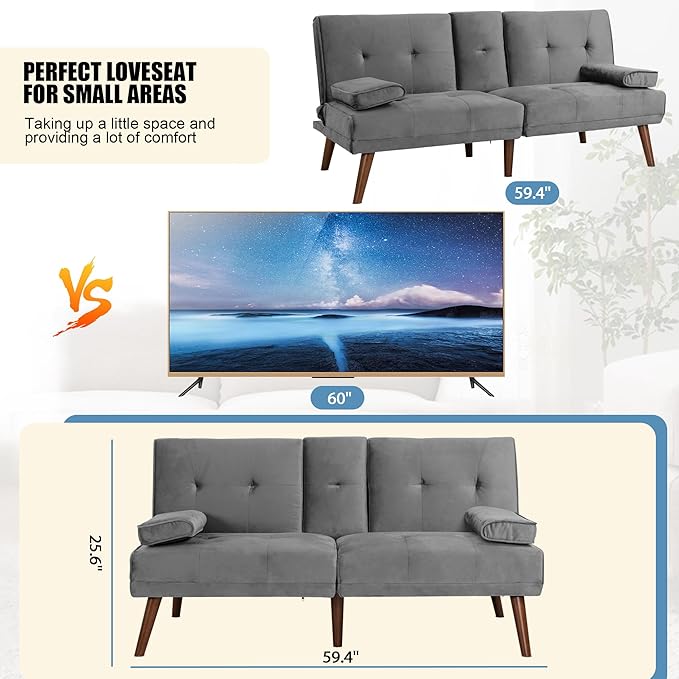 Shintenchi Futon Sofa Bed, Convertible Couch Bed Loveseat, Modern Futon Recliner Sleeper, Small Lazy Futon Set for Living Room, Office, Apartment, Light Gray - LeafyLoom