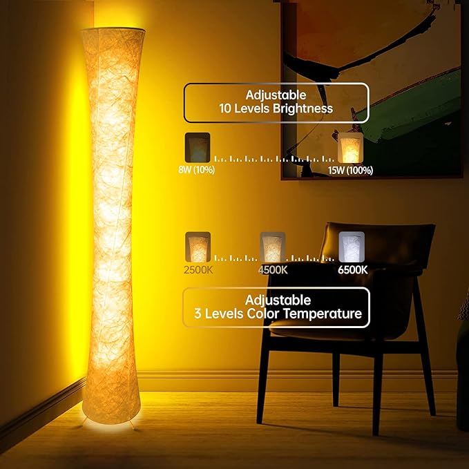 WORLD WIN Smart Led Floor Lamps, RGB Color Changing with APP & Remote Control, 62 Inch DIY Mode Music Sync Standing Modern Corner Lamp Decor for Living Room Bedroom Game, 1 Piece - LeafyLoom