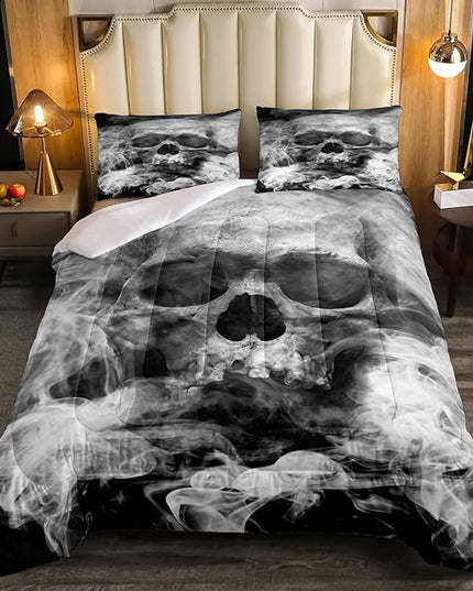 Erosebridal Skull Comforter Set Full, Halloween Down Comforter, Gothic Fog Smoke Skull Skeleton Quilted Duvet, Grey Bedding Comforters for Young Man Boy Teens, Room Decorative, Soft Duvet Insert - LeafyLoom