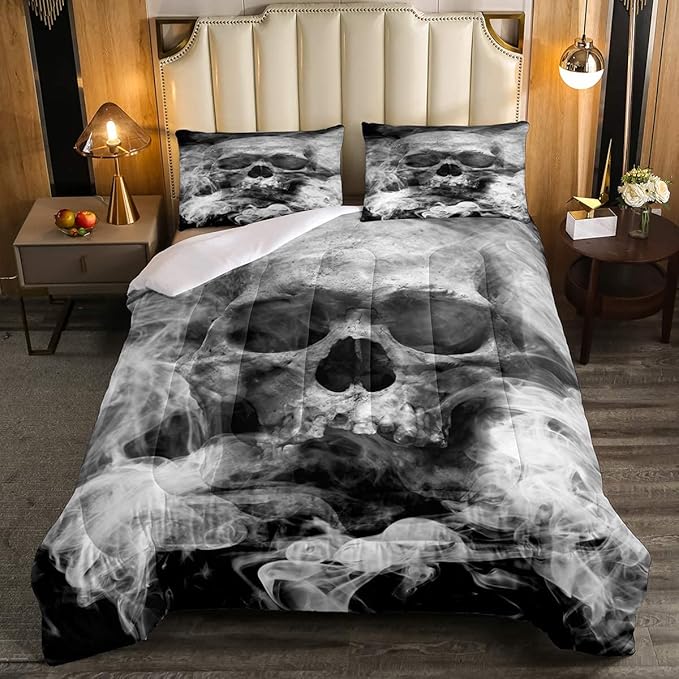 Erosebridal Skull Comforter Set Full, Halloween Down Comforter, Gothic Fog Smoke Skull Skeleton Quilted Duvet, Grey Bedding Comforters for Young Man Boy Teens, Room Decorative, Soft Duvet Insert - LeafyLoom