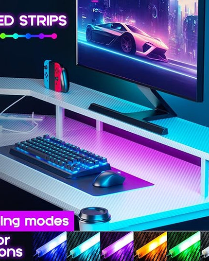 ODK L Shaped Gaming Desk with LED Lights & Power Outlets, 51" Computer Desk with Full Monitor Stand, Corner Desk with Cup Holder, Gaming Table with Hooks, White Carbon Fiber - LeafyLoom