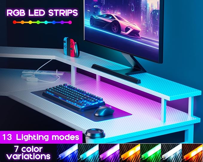 ODK L Shaped Gaming Desk with LED Lights & Power Outlets, 51" Computer Desk with Full Monitor Stand, Corner Desk with Cup Holder, Gaming Table with Hooks, White Carbon Fiber - LeafyLoom