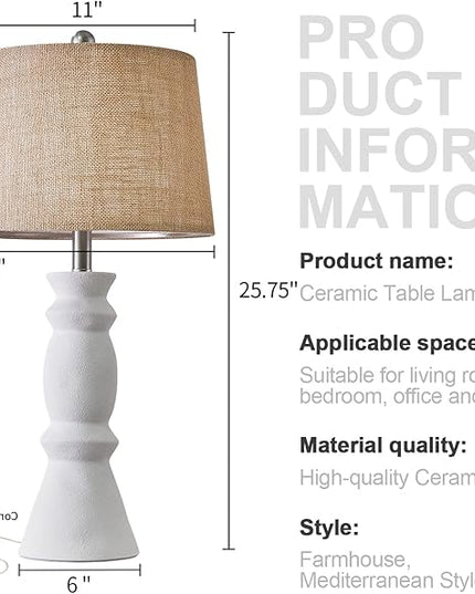 Oneach 25.75'' Farmhouse Ceramic Table Lamp for Living Room White Bedside Lamps Office White Table Lamp Set of 2 for Bedroom Retro Nightstand Lamp End Table Lamps - LeafyLoom