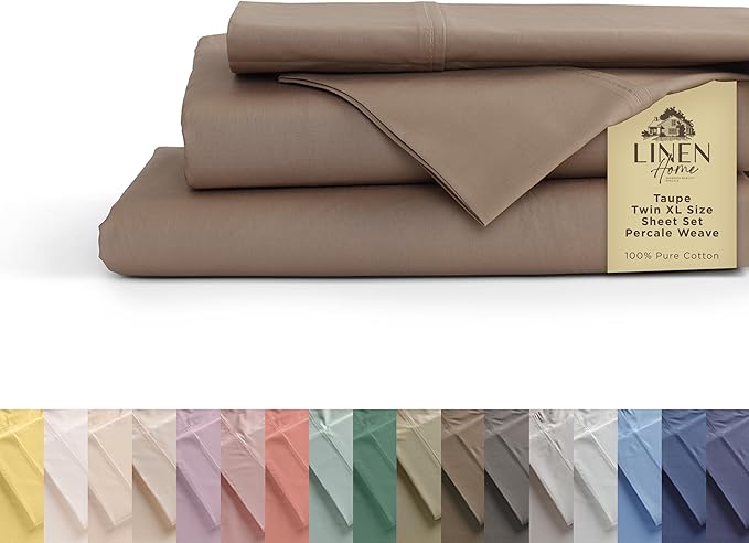 100% Cotton Percale Sheets Twin XL Size, Taupe, Deep Pocket, 4 Pieces Sheet Set - 1 Flat, 1 Deep Pocket Fitted Sheet and 2 Pillowcases, Crisp Cool and Strong Bed Linen - LeafyLoom