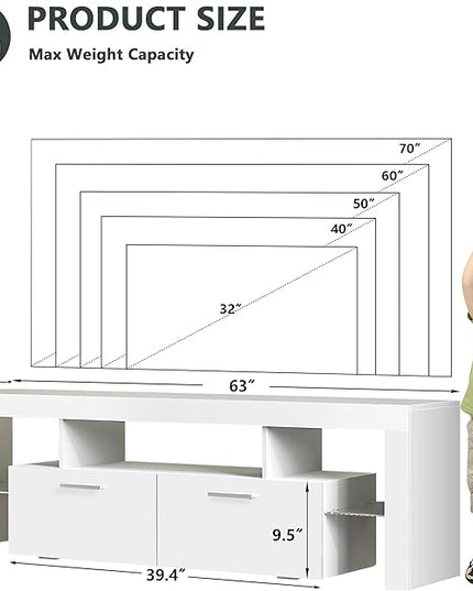 Clikuutory Modern LED 63 inch Long TV Stand with Large Storage Drawer for 50 55 60 65 70 75 Inch TVs, White Wood TV Console with High Glossy Entertainment Center for Living Room, Bedroom, White - LeafyLoom