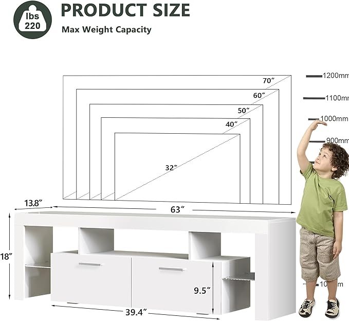 Clikuutory Modern LED 63 inch Long TV Stand with Large Storage Drawer for 50 55 60 65 70 75 Inch TVs, White Wood TV Console with High Glossy Entertainment Center for Living Room, Bedroom, White - LeafyLoom