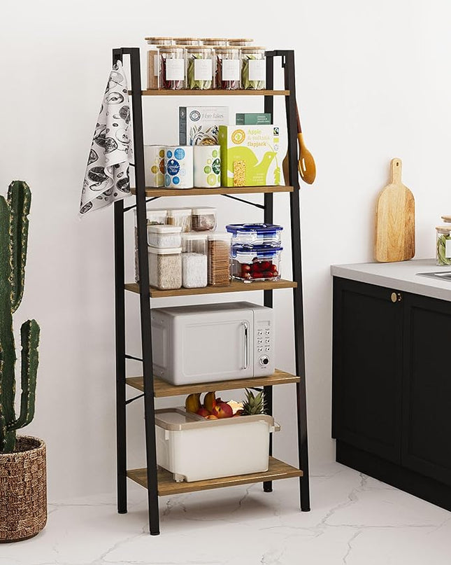 Ladder Shelf, Bookshelf Bookcase, Freestanding Corner Storage Shelve with 2 Hooks for Home Office, Living Room, Kitchen, Bedroom, Industrial, 5-Tier Rustic Brown BC19301B - LeafyLoom