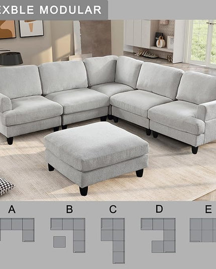 129.5" Modular Sectional Couch with Ottoman,6 Seat Chenille Corner Sofa with Seat Cushions Have a Built-in sSpring Pack,Multi-layered Plywood,for Living Room, Apartment, Bedroom, Office - LeafyLoom