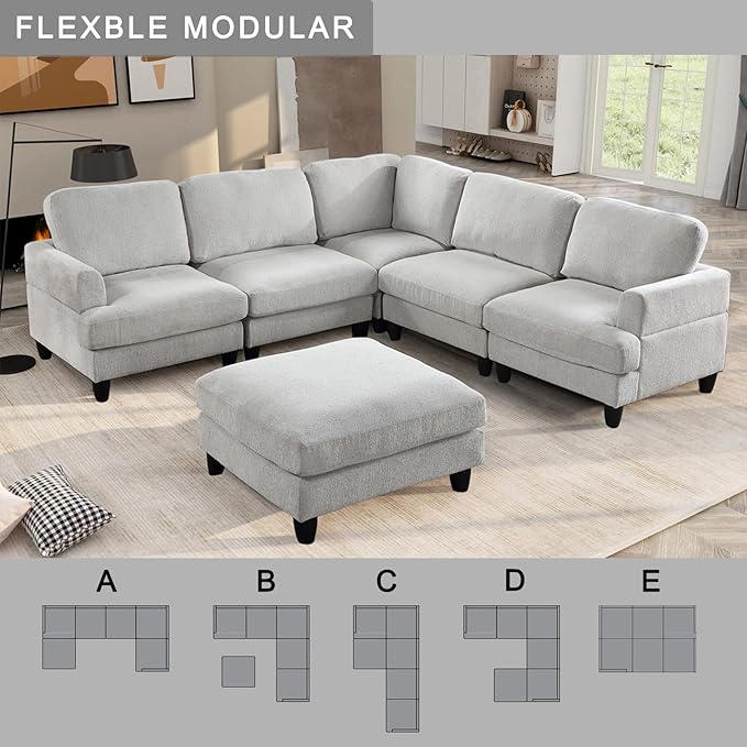 129.5" Modular Sectional Couch with Ottoman,6 Seat Chenille Corner Sofa with Seat Cushions Have a Built-in sSpring Pack,Multi-layered Plywood,for Living Room, Apartment, Bedroom, Office - LeafyLoom