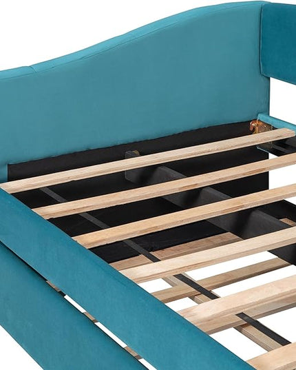 Twin Size Upholstered Daybed with Trundle, Wood Slat Support Sofa Bed with Armrest, No Box Spring Needed, Easy to Assemble, for Studio, Bedroom, Living, Guest Room, Blue - LeafyLoom