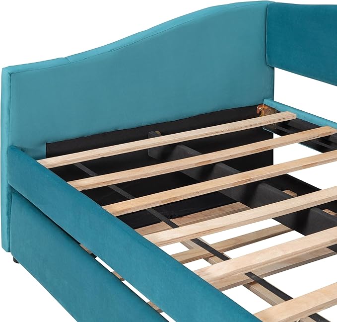 Twin Size Upholstered Daybed with Trundle, Wood Slat Support Sofa Bed with Armrest, No Box Spring Needed, Easy to Assemble, for Studio, Bedroom, Living, Guest Room, Blue - LeafyLoom