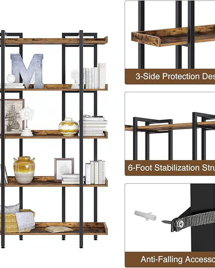 Rolanstar Bookshelf 5-Tier, 71.8’’H Industrial Book Shelf, Large Bookcases and Bookshelves with Open Shelves, Open Display Shelves with Metal Frame for Living Room Bedroom Home Office, Rustic Brown - LeafyLoom