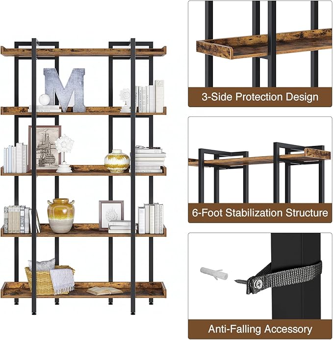 Rolanstar Bookshelf 5-Tier, 71.8’’H Industrial Book Shelf, Large Bookcases and Bookshelves with Open Shelves, Open Display Shelves with Metal Frame for Living Room Bedroom Home Office, Rustic Brown - LeafyLoom
