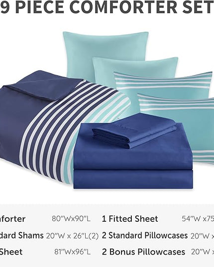 Comfort Spaces Full Comforter Sets with Sheets - Bed in a Bag 9 Pieces Teen Bedding Sets Full, Navy and Grey Stripes Bedding Full, College Full Bed Set, 2 Side Pocket Bedroom Organizer Full Navy - LeafyLoom