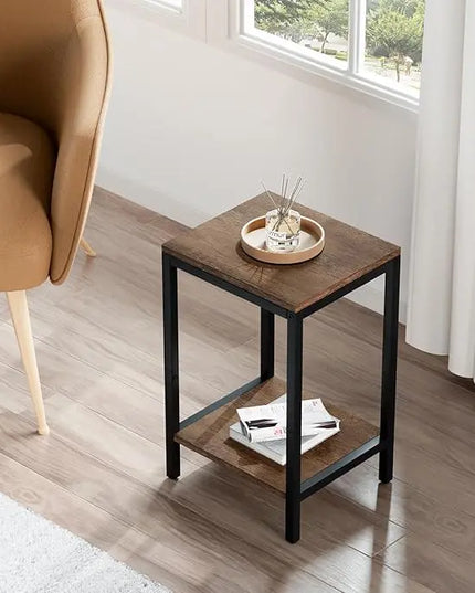 SAYGOER Wood End Tables Small Side Table with Storage Night Stand Metal Frames 2 Tier Bedside Table with Adjustable Feet, 1PCS, Walnut - LeafyLoom