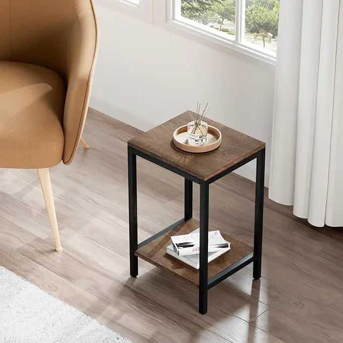 SAYGOER Wood End Tables Small Side Table with Storage Night Stand Metal Frames 2 Tier Bedside Table with Adjustable Feet, 1PCS, Walnut - LeafyLoom