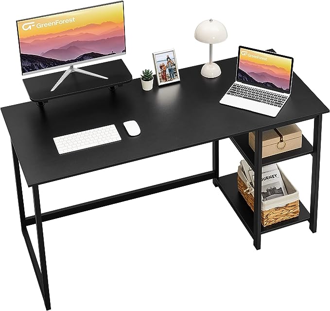 GreenForest Computer Home Office Desk with Monitor Stand and Storage Shelves on Left or Right Side,47 inch Modern Writing Study PC Laptop Work Table,Black - LeafyLoom