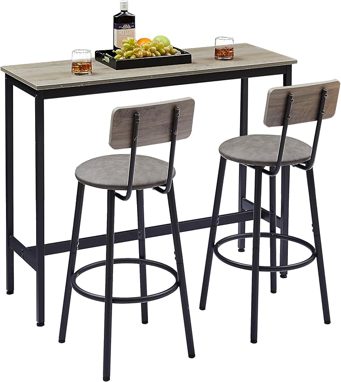NicBex Kitchen Small Dining Table for 2 Breakfast Nook Table Set Bar Table Set with 2 Bar Stools Pu Soft Seat with Backrest for Small Space, Dining Room, Apartment, Easy Clean, Grey - LeafyLoom