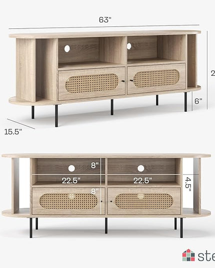 Oval Rattan TV Stand - Media Console - 63" TV Entertainment Center with Storage - Console Table for Living Room and Bedrooms - Supports 32 to 65" TVs - Soft-Close Cabinet Doors (Light Oak) - LeafyLoom