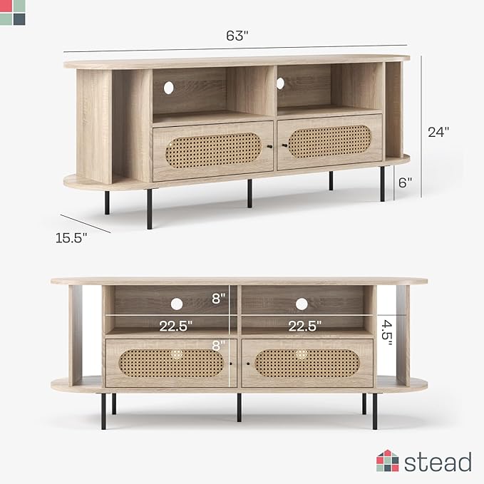 Oval Rattan TV Stand - Media Console - 63" TV Entertainment Center with Storage - Console Table for Living Room and Bedrooms - Supports 32 to 65" TVs - Soft-Close Cabinet Doors (Light Oak) - LeafyLoom