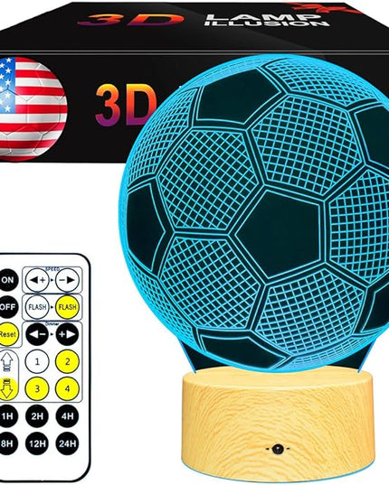 Soccer Gifts Light, Soccer 3D Illusion Lamp Best Gifts for Teen Boys Night Light for Kids Bedroom Room, Football Decor with Remote Control 7 Colors Changing Lights for Birthday, Halloween, Xmas Gift - LeafyLoom