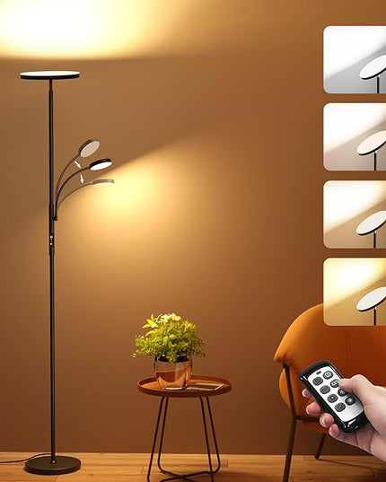 Upgraded Torchiere Floor Lamps with Reading Light, Super Bright Floor Lamps, Dimmable 3000K-6000K LED Sky Standing Lamp, Tall Lamp with Remote & Touch Control for Living Room Bedroom Office - LeafyLoom