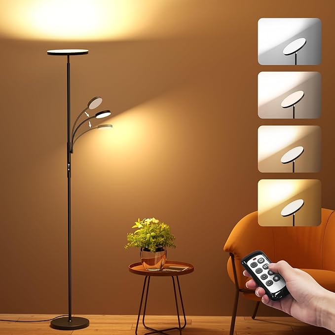 Upgraded Torchiere Floor Lamps with Reading Light, Super Bright Floor Lamps, Dimmable 3000K-6000K LED Sky Standing Lamp, Tall Lamp with Remote & Touch Control for Living Room Bedroom Office - LeafyLoom