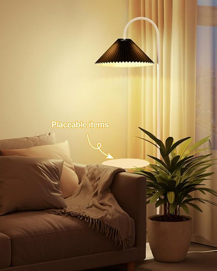 Modern Elegant with Tray Floor Lamp for Office Cafe Den Living Room Bedroom, Foot Switch and White Paint, Black Pleated Cloth Lampshade - LeafyLoom