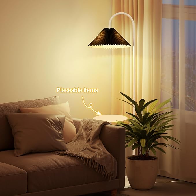 Modern Elegant with Tray Floor Lamp for Office Cafe Den Living Room Bedroom, Foot Switch and White Paint, Black Pleated Cloth Lampshade - LeafyLoom